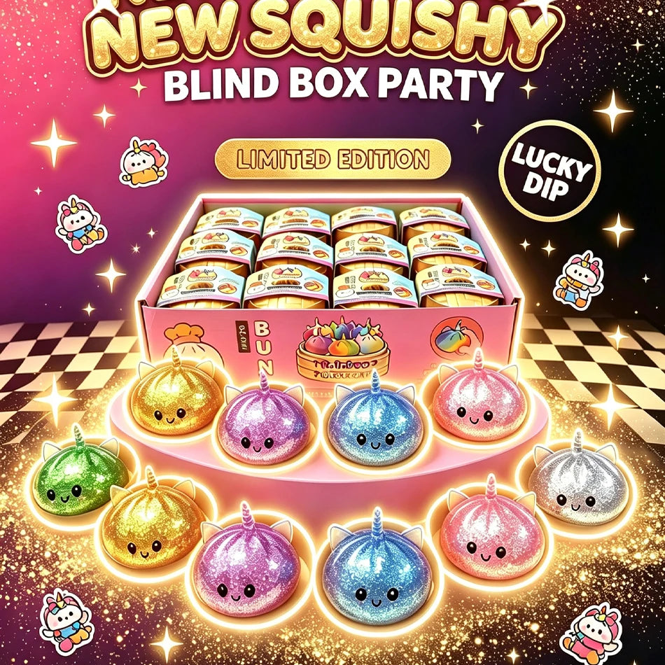 A box of new squishy blind box party featuring various glitter unicorn buns and a lucky dip