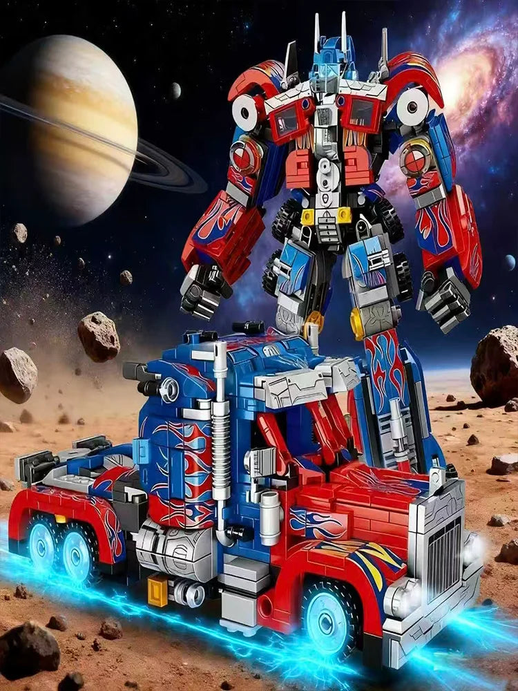 A large, detailed robot figure is shown in a dynamic pose with blue energy effects on a rocky, desert surface.