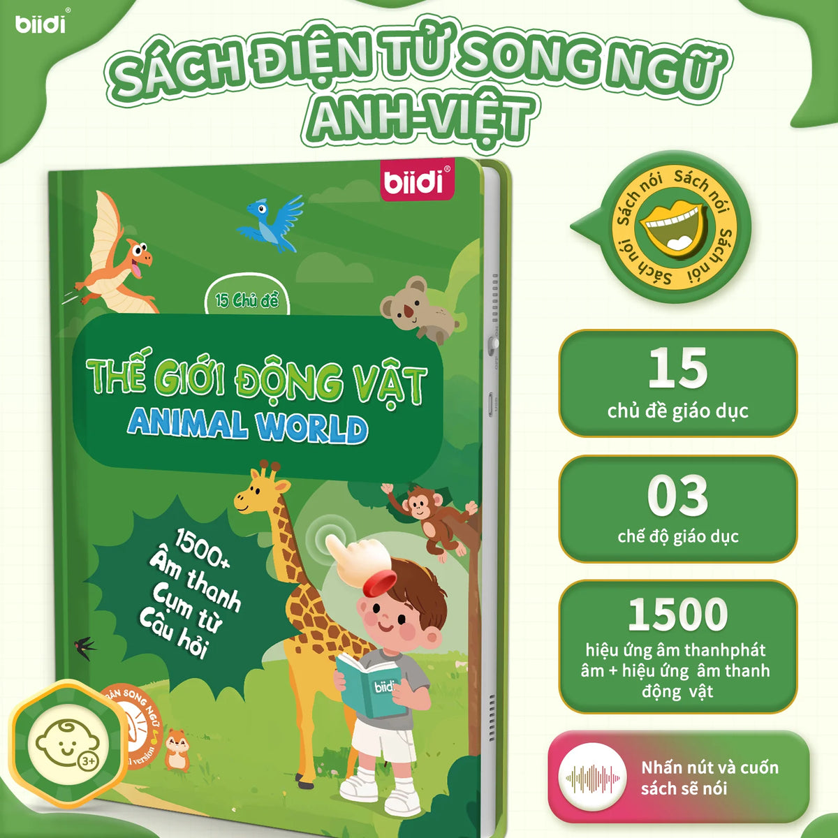 A bìa of a bilingual English-Vietnamese interactive talking book titled The World of Animals for children.