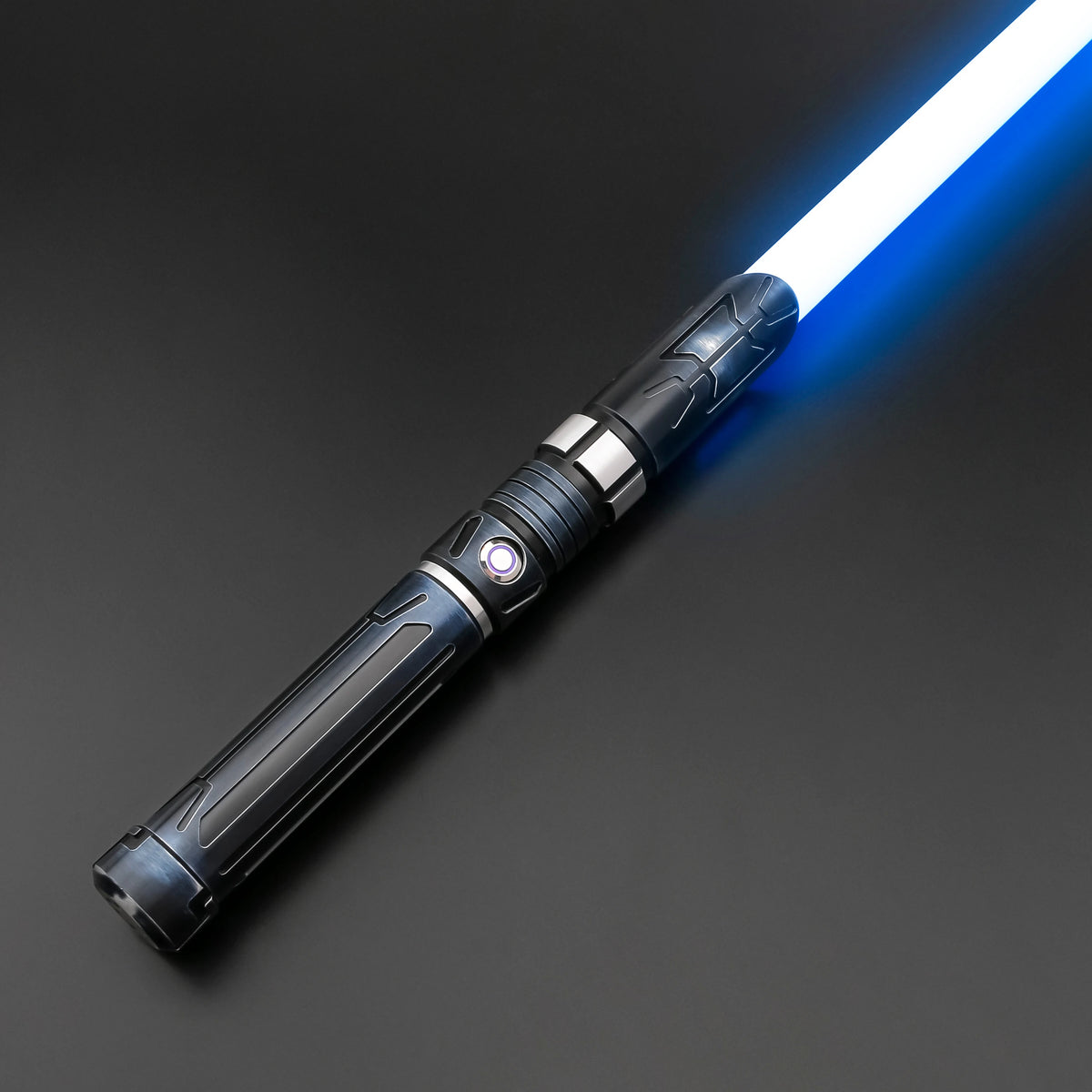 A premium metal lightsaber with a blue blade and RGB effects is shown diagonally against a dark background.