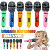 Six inflatable microphones in various colors are shown with a smiling child playing.