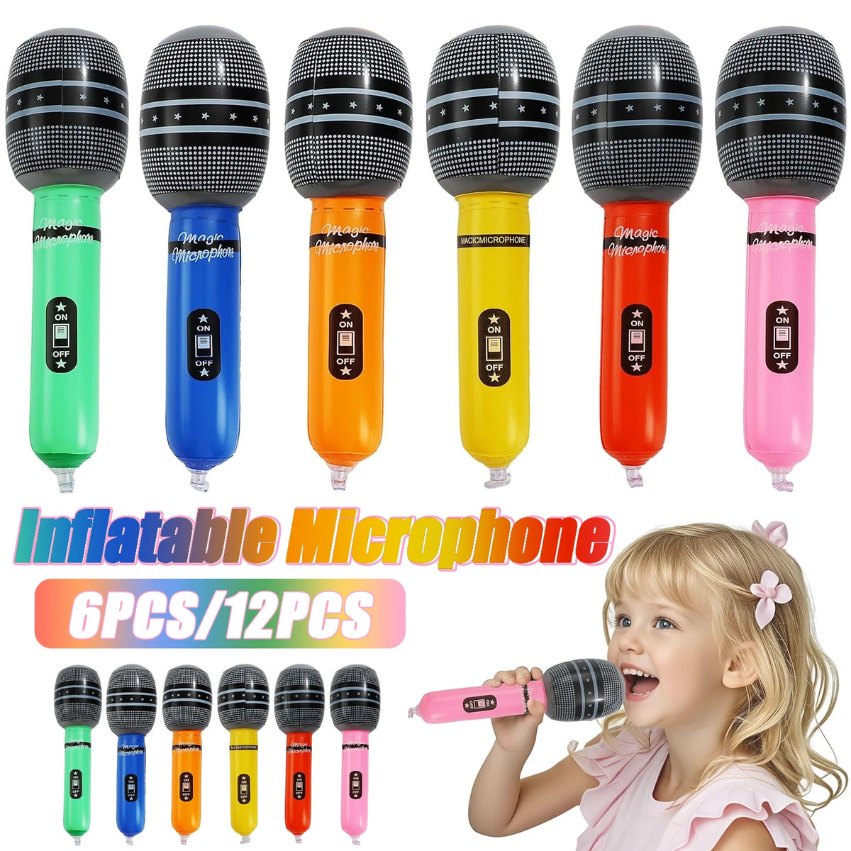 Six inflatable microphones in various colors are shown with a smiling child playing.