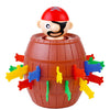 A pirate character head emerging from a wooden barrel, surrounded by colorful plastic swords and weapons.