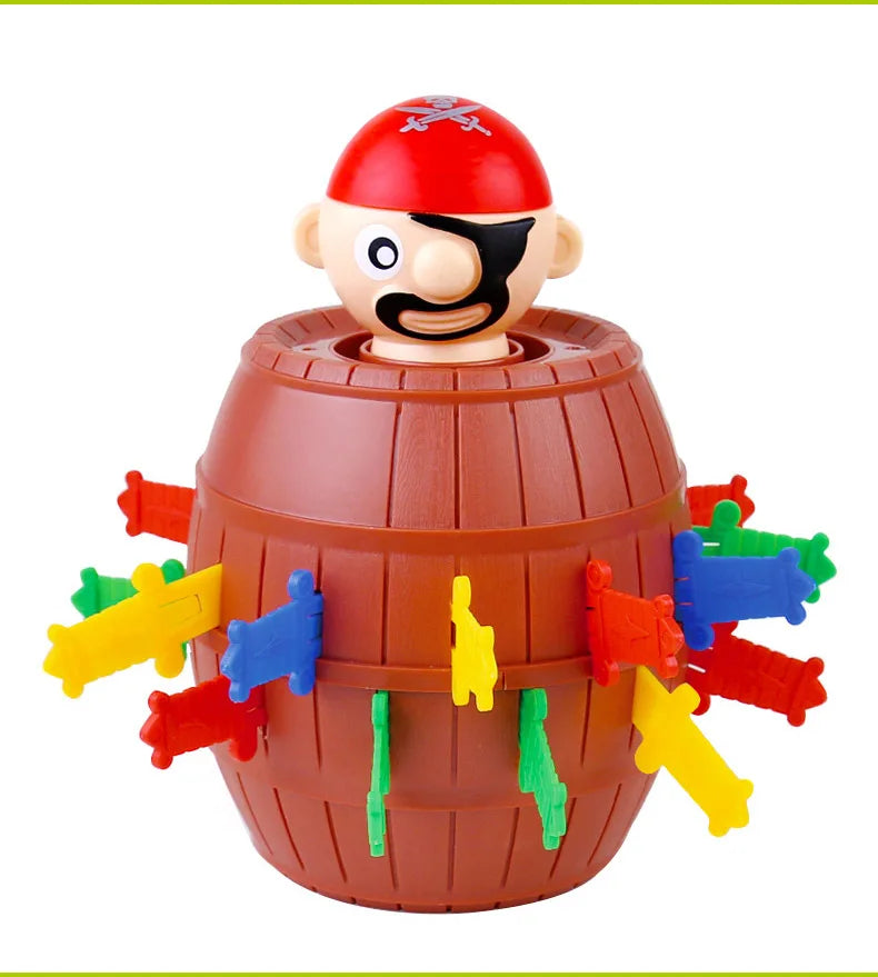 A pirate character head emerging from a wooden barrel, surrounded by colorful plastic swords and weapons.