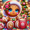 A cute cartoon character with a fluffy white hood and rosy cheeks sits next to a mug of hot chocolate decorated with festive 