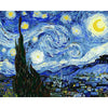 A vibrant night sky with stars and a crescent moon over a dark landscape and silhouette of a tall tree.
