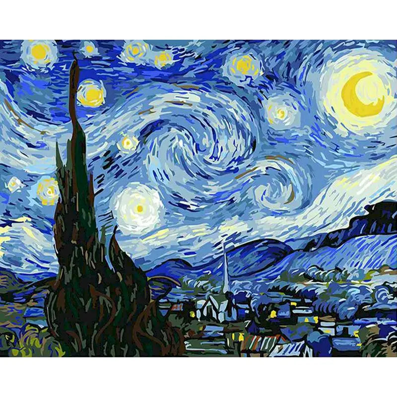 A vibrant night sky with stars and a crescent moon over a dark landscape and silhouette of a tall tree.