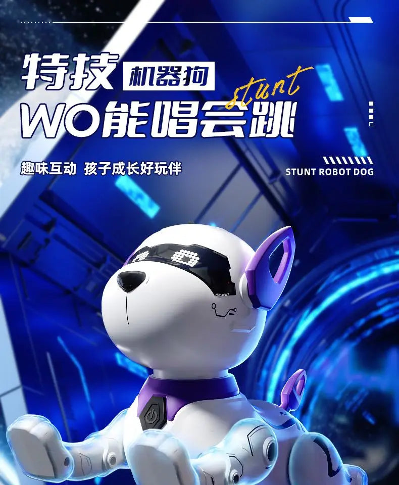 A white, stylized robot dog with purple accents is shown in a futuristic blue background.