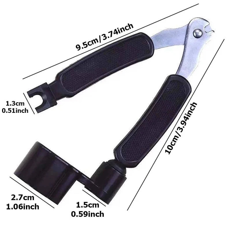 A pair of black acoustic guitar strings with a metal string changer tool and a rubber grip.
