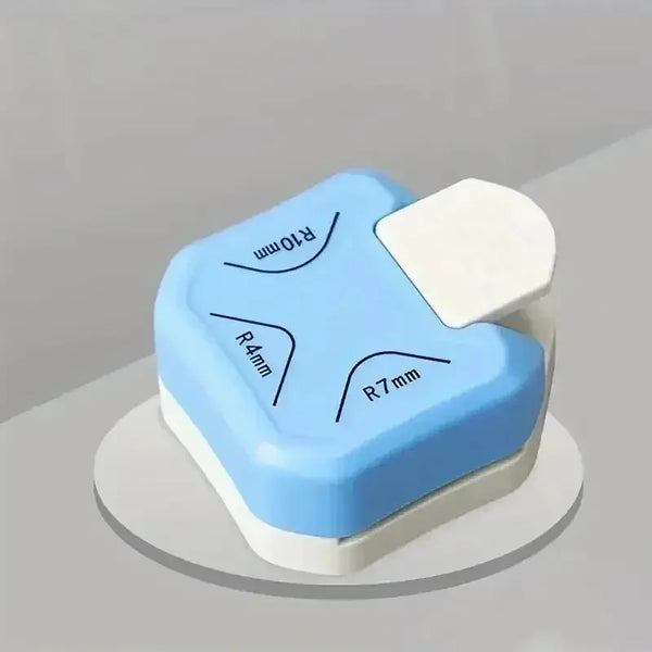 A light blue corner embosser and cutter kit showing various radius measurements like R10mm, R4mm, and R7mm.