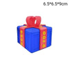 A blue gift box tied with a red ribbon, measuring 6.5x6.5x9 cm.