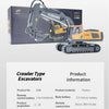 A yellow YIGONG crawler remote control excavator toy with a drill attachment and tracks is shown in a box.