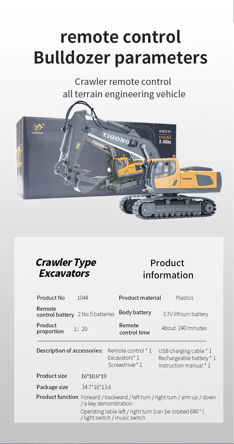 A yellow YIGONG crawler remote control excavator toy with a drill attachment and tracks is shown in a box.
