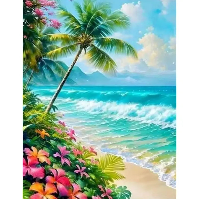 A vibrant painting of a tropical beach with palm trees, lush greenery, and turquoise ocean waves.