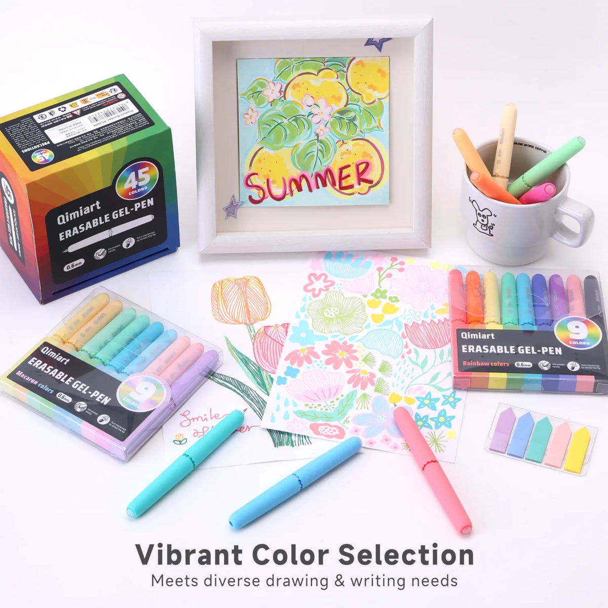 A collection of colorful erasable gel pens and a framed summer design are displayed on a white background.