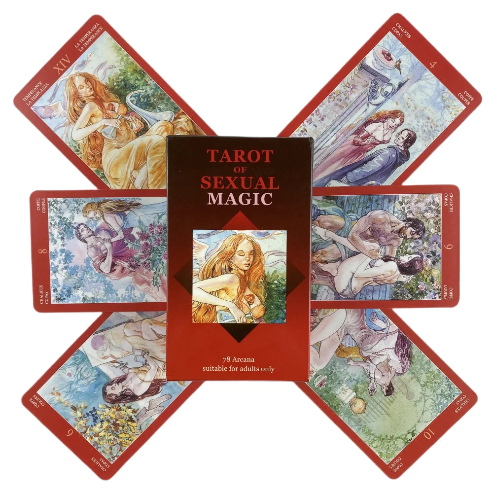 A spread of Tarot cards from the Sexual Magic deck featuring various illustrations and card numbers.