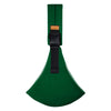 A green adjustable baby sling carrier with a black strap and gold buckle.