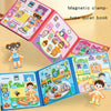 A colorful magnetic clamp-type quiet book featuring various activities and stickers for children.