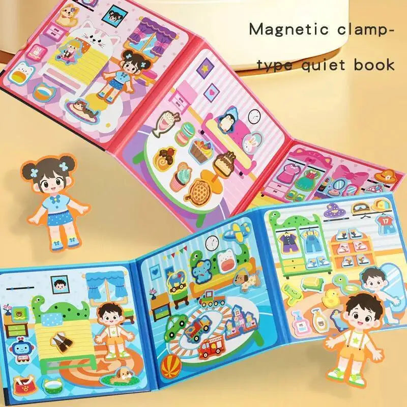 A colorful magnetic clamp-type quiet book featuring various activities and stickers for children.