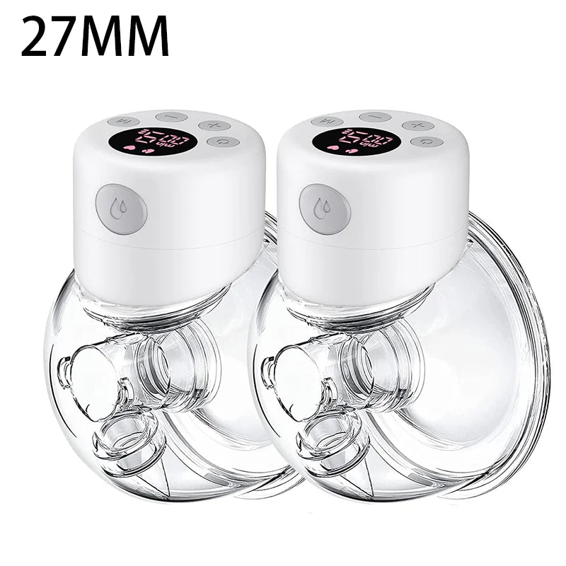 A white electric breast pump with silicone flanges is shown against a white background.