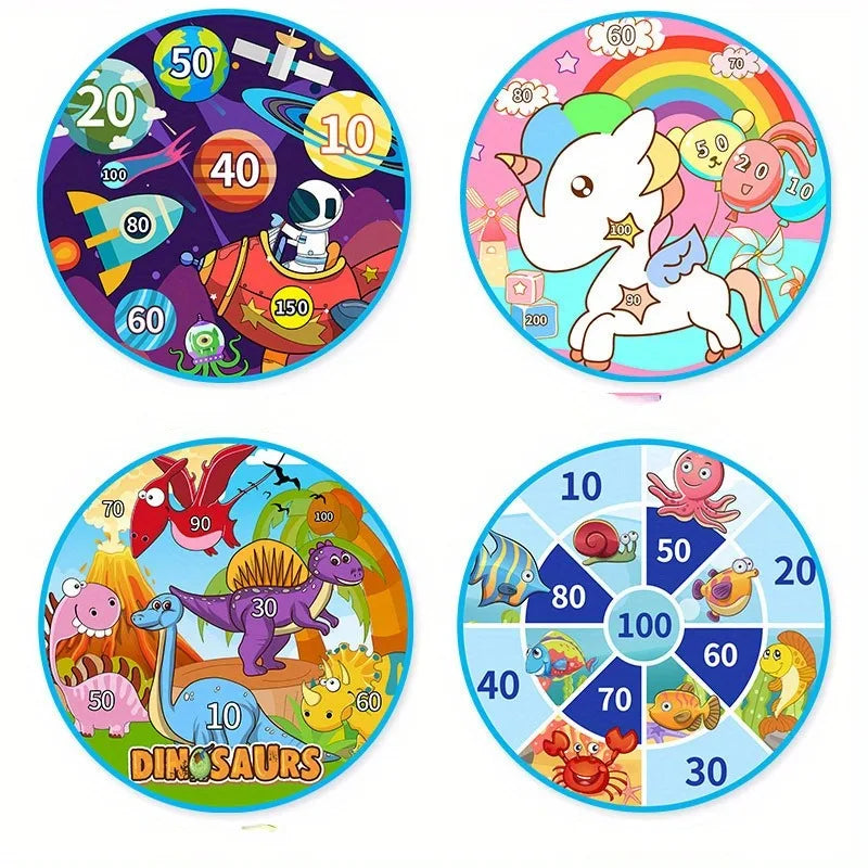 A colorful dart board set featuring various colored sticky balls and targets for children.