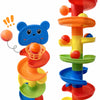 A colorful interactive ball tower featuring rolling balls and a drop mechanism for play.