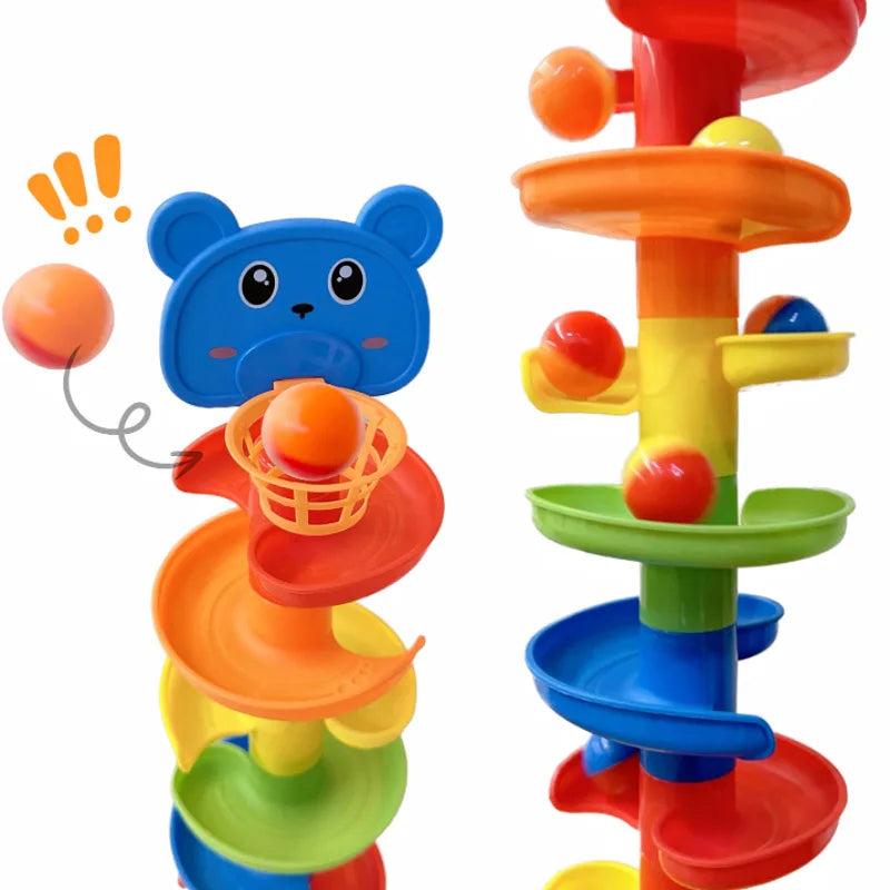 A colorful interactive ball tower featuring rolling balls and a drop mechanism for play.