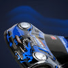 A close-up view of a blue and black PVC car shell for a racing remote control car.