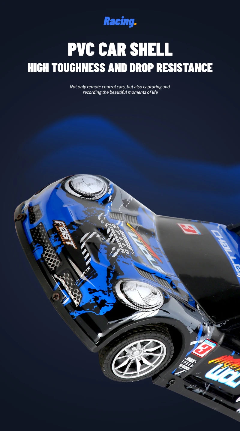A close-up view of a blue and black PVC car shell for a racing remote control car.