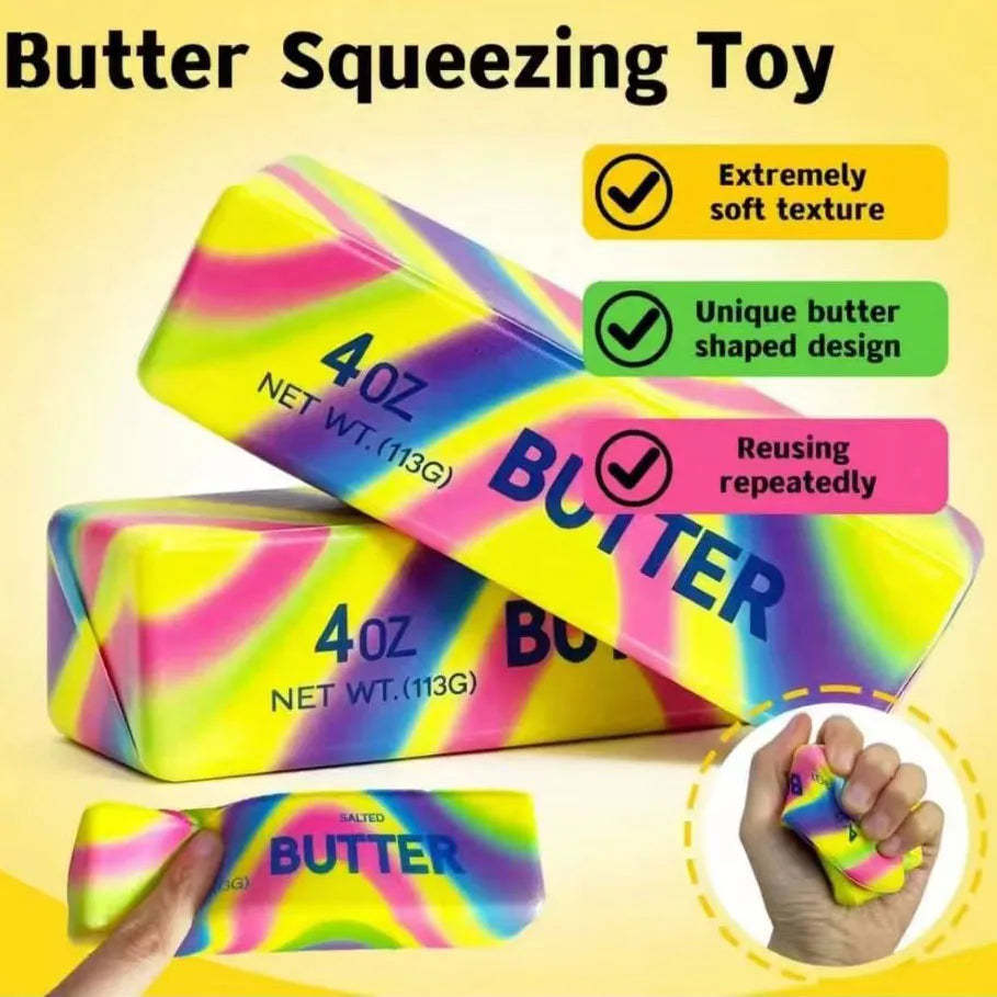 A colorful butter squeezing toy shaped like a rectangular bar, demonstrating its soft texture and reusable design.
