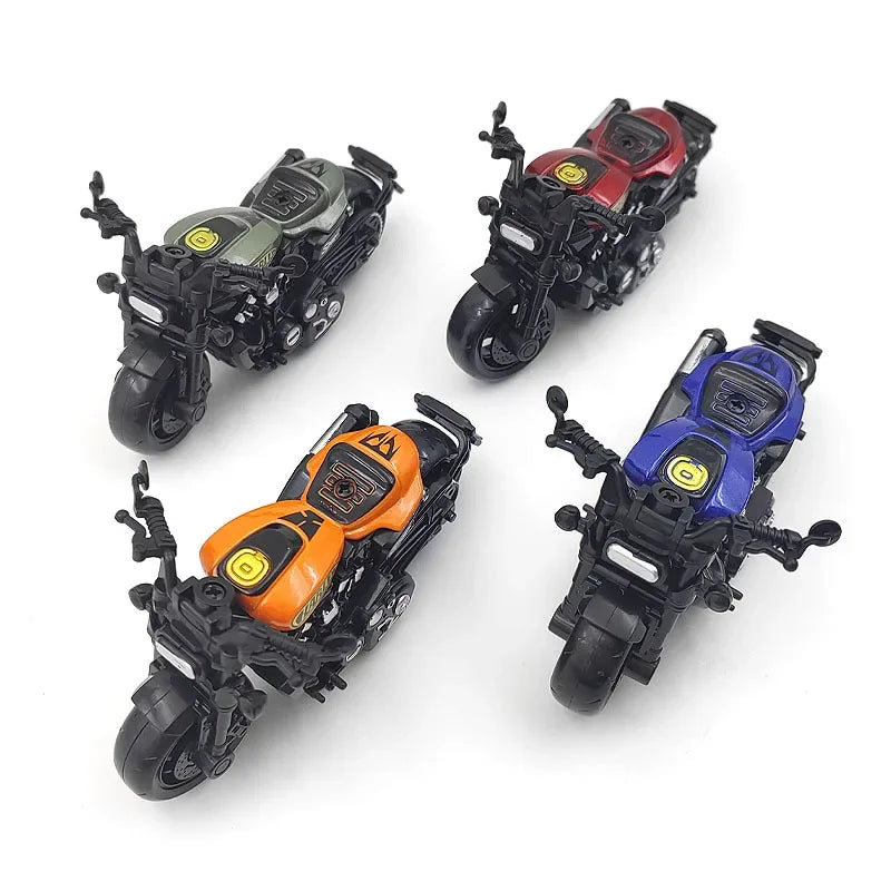 Four vintage-style pull-back motorcycle toy cars in green, red, black, and blue.