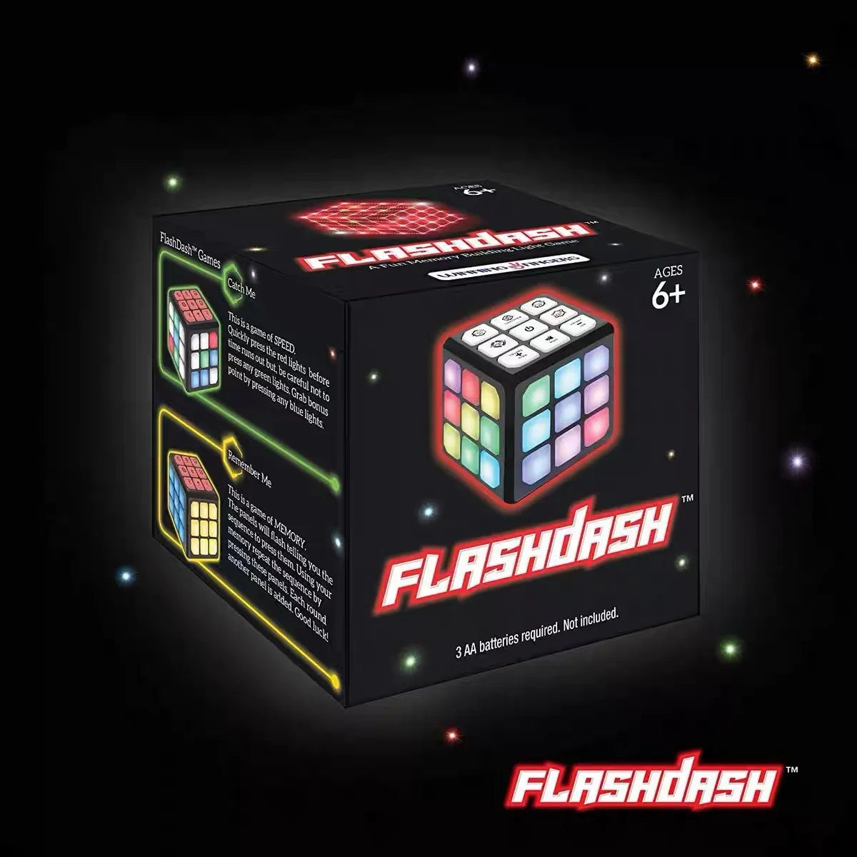 A box of FlashDash musical brain teaser cubes with flashing lights displayed against a dark background.