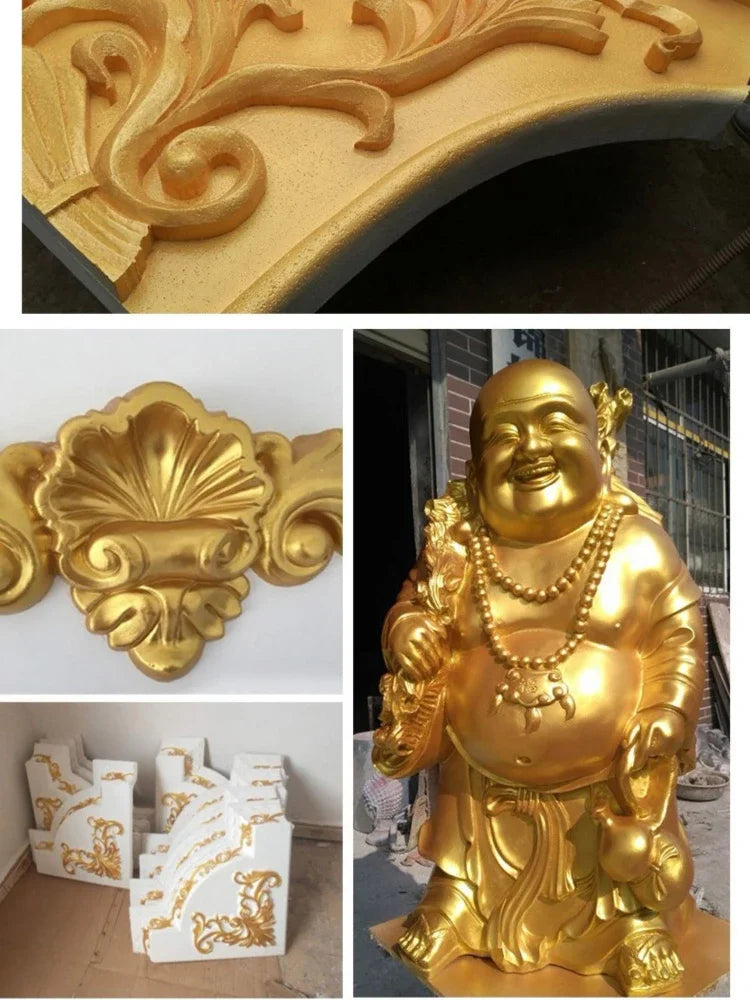 A collection of gold and silver glitter paint products including a decorative relief, a Buddha statue, and white display boxe
