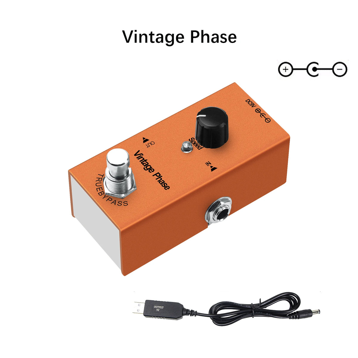 An orange vintage phase guitar pedal with a black knob and a cable shown below.