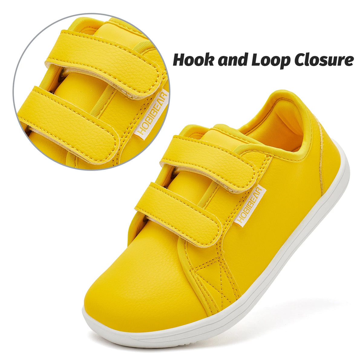 Yellow kids barefoot sneakers with hook and loop closure shown from the side and top view.