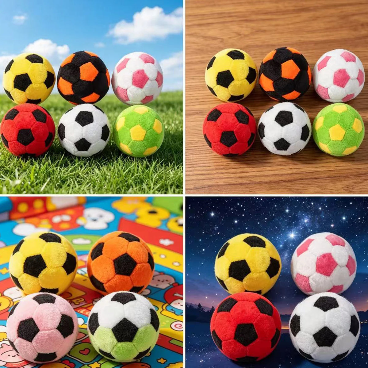 A set of twelve handmade crochet hacky sack balls in various colors including yellow, orange, pink, green, and black.