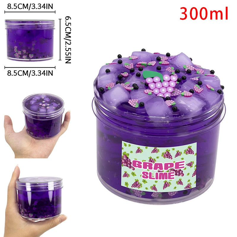 A jar of purple grape slime putty with edible glitter and small purple candies, showing the product size and texture.