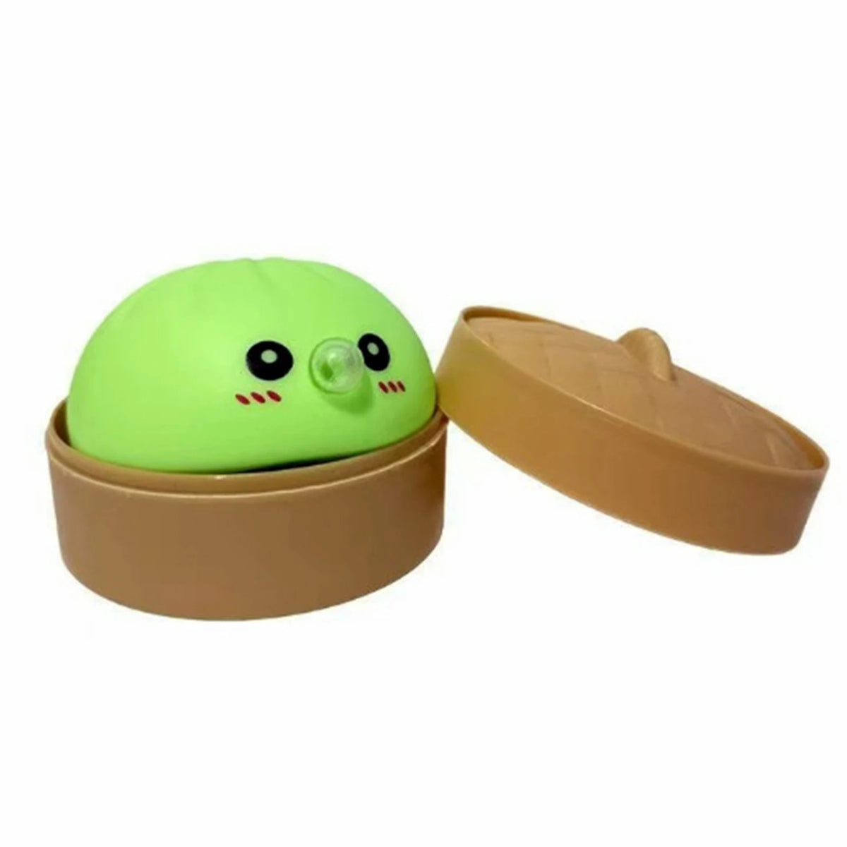 A bright lime green squishy toy shaped like a dumpling with a small bubble-spitting feature, resting in its brown container.