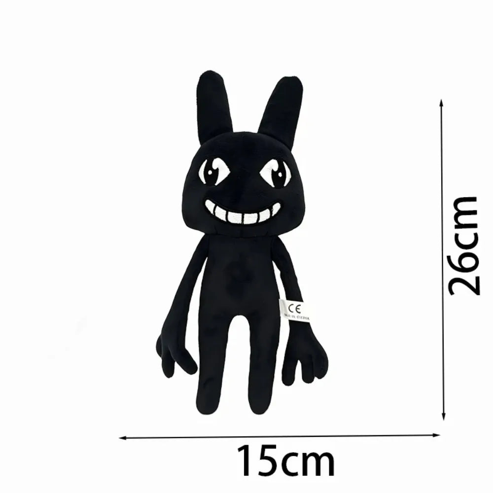 A black plush toy of a rabbit with large ears and a smiling mouth.