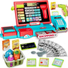 A red and blue pretend play cash register with a calculator and cash register accessories for children.