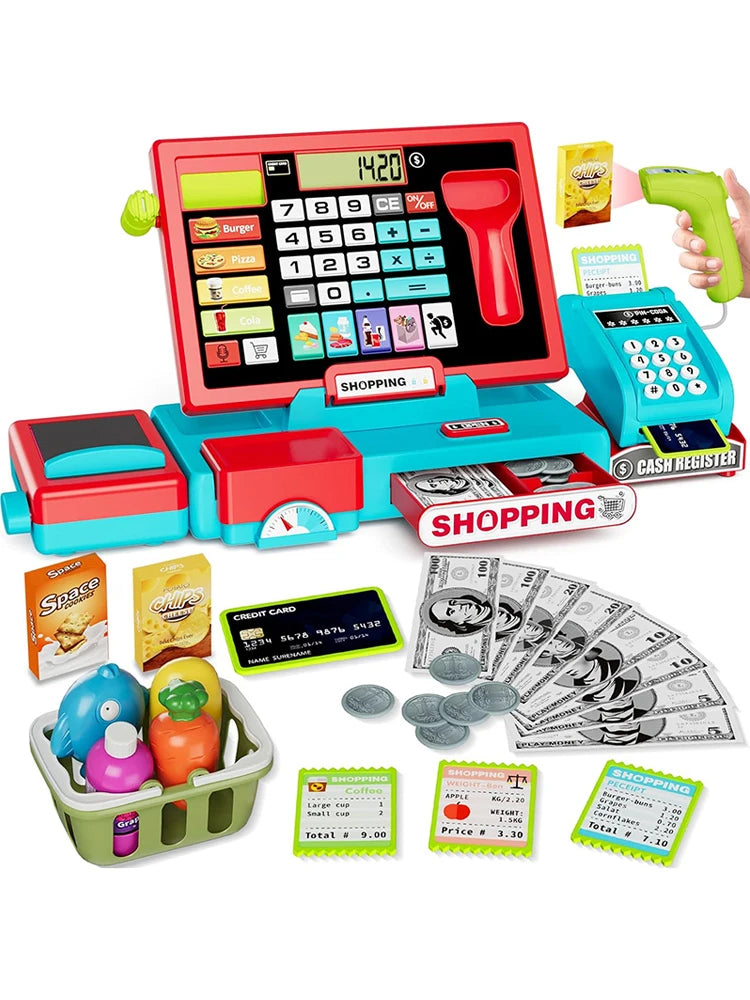 A red and blue pretend play cash register with a calculator and cash register accessories for children.