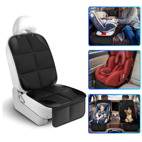 A black and white universal anti-slip car seat protector cover shown in various contexts.