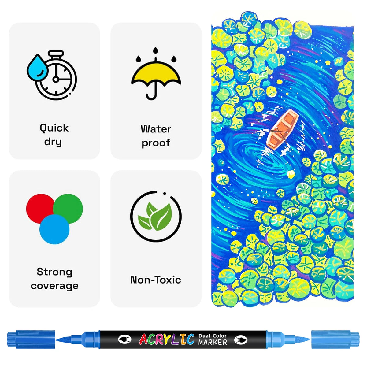 A set of dual-tip acrylic paint markers with various features like quick dry, water proof, strong coverage, and non-toxic for