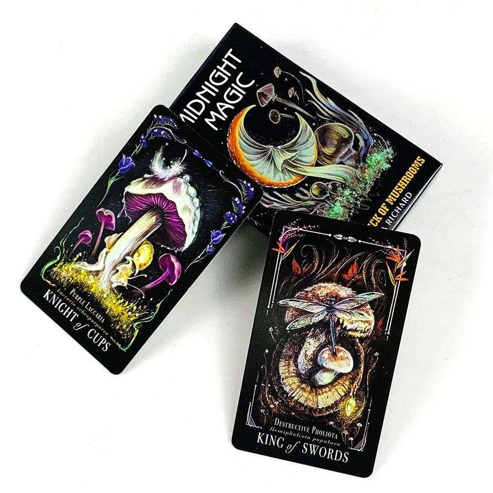 A black tarot deck titled Midnight Magic Mushroom featuring a king of swords card.