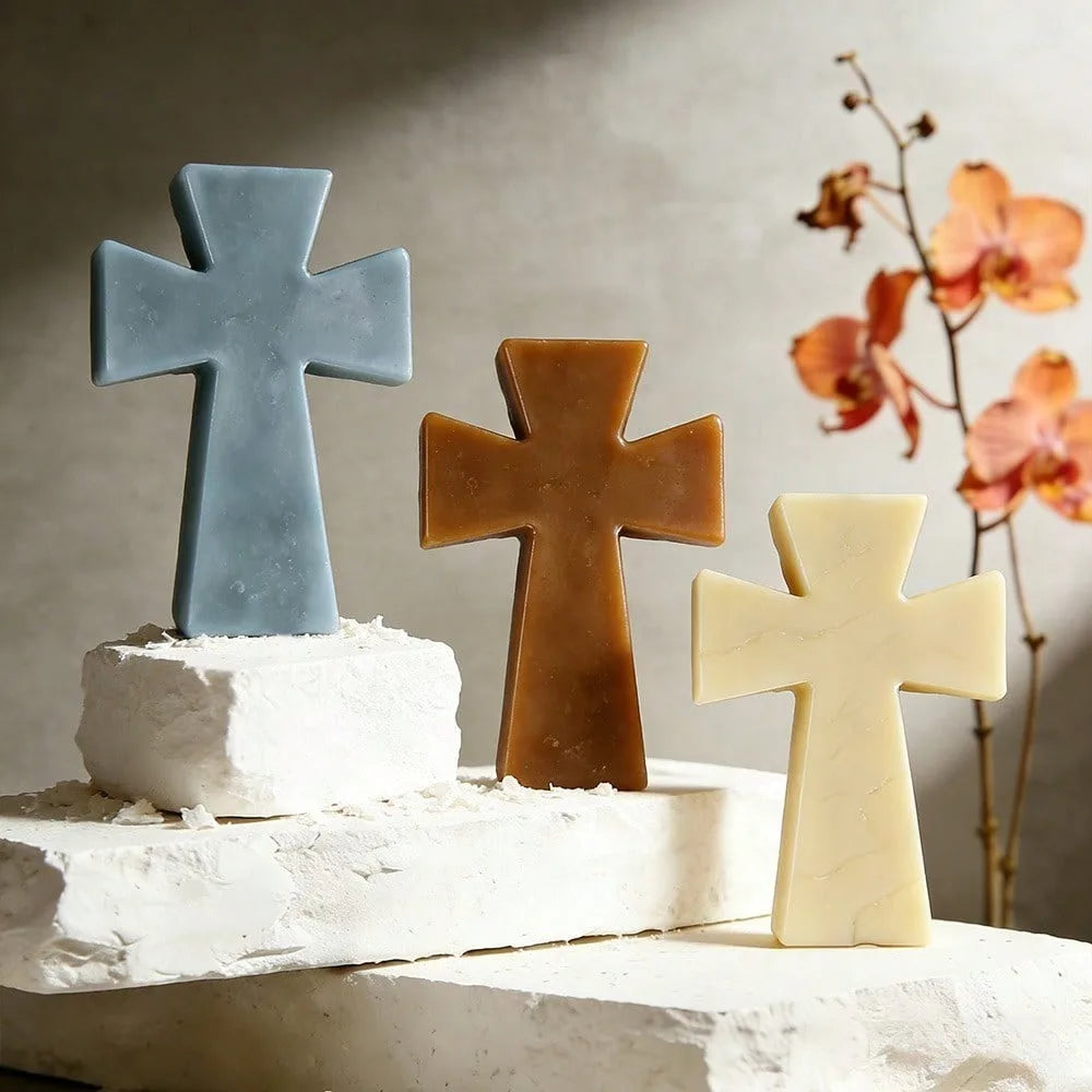 Three silicone molds shaped like crosses in blue, amber, and cream resting on a white surface.