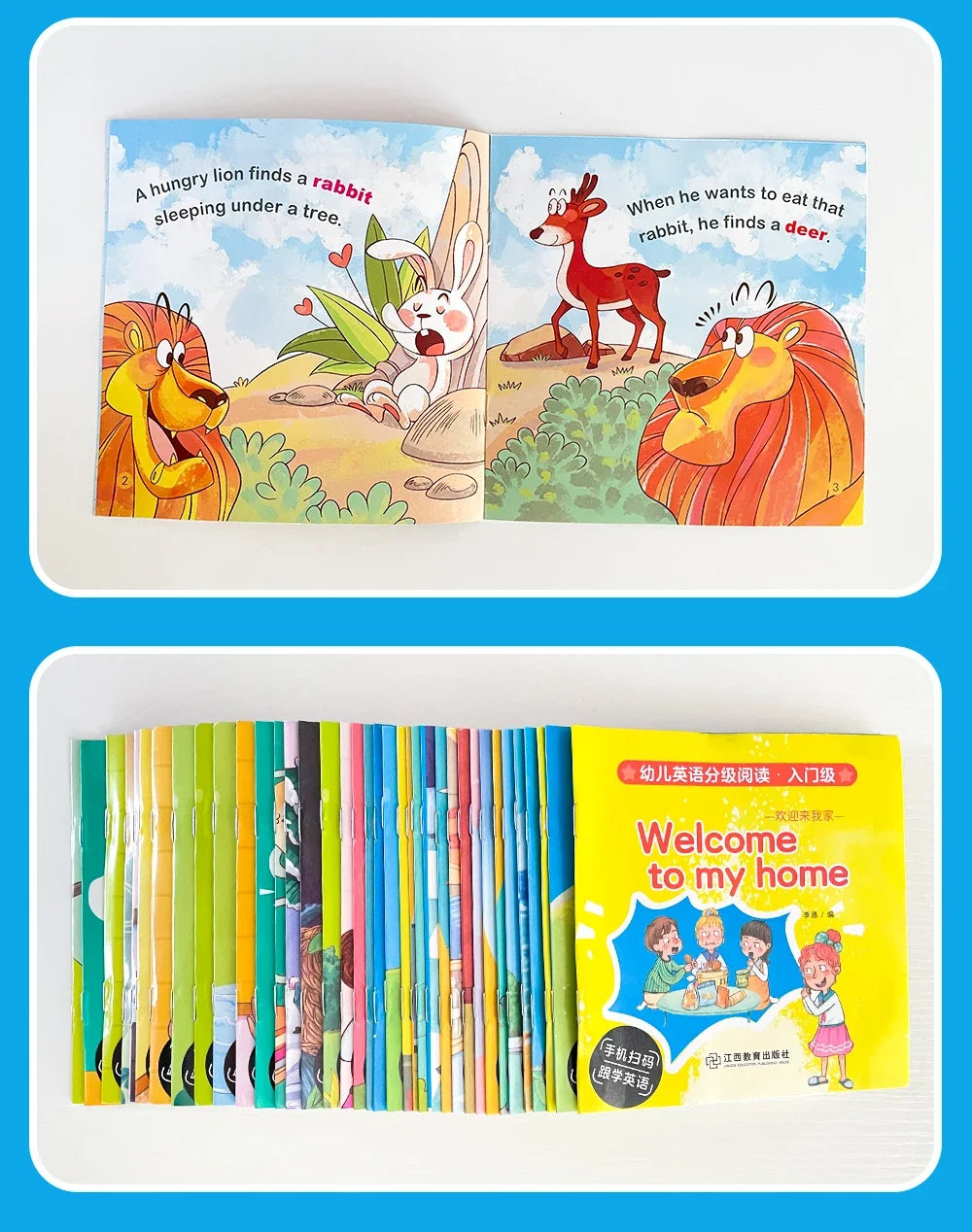 A set of 40 pocket books for early learning featuring illustrations of a hungry lion, a rabbit, and a deer.