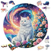 A circular puzzle featuring a white cat, a boat, and a penguin set.