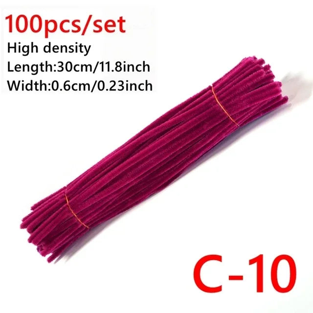 A bundle of 100 pink chenille craft sticks, measuring 30cm long and 0.6cm wide.