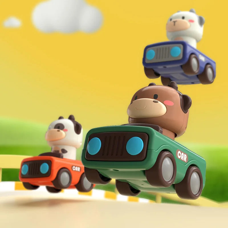 A set of three push-and-go animal car toys featuring a white, brown, and blue vehicle.
