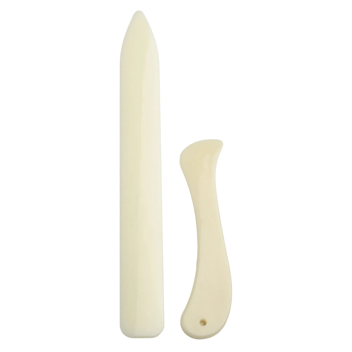 A white plastic bone folder set for paper creasing and folding crafts, showing a long tool and a curved tool.